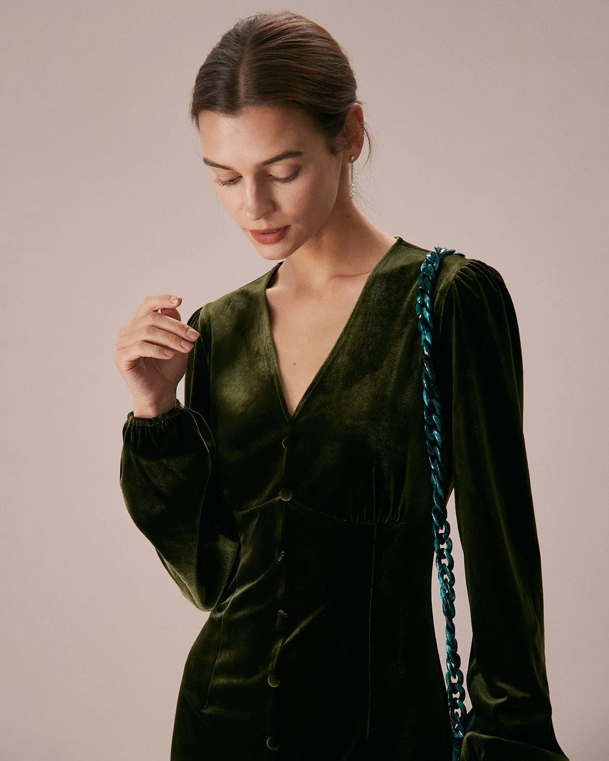 The Green V Neck Button Velvet Midi Dress sold by rihoas product image thumbnail 4