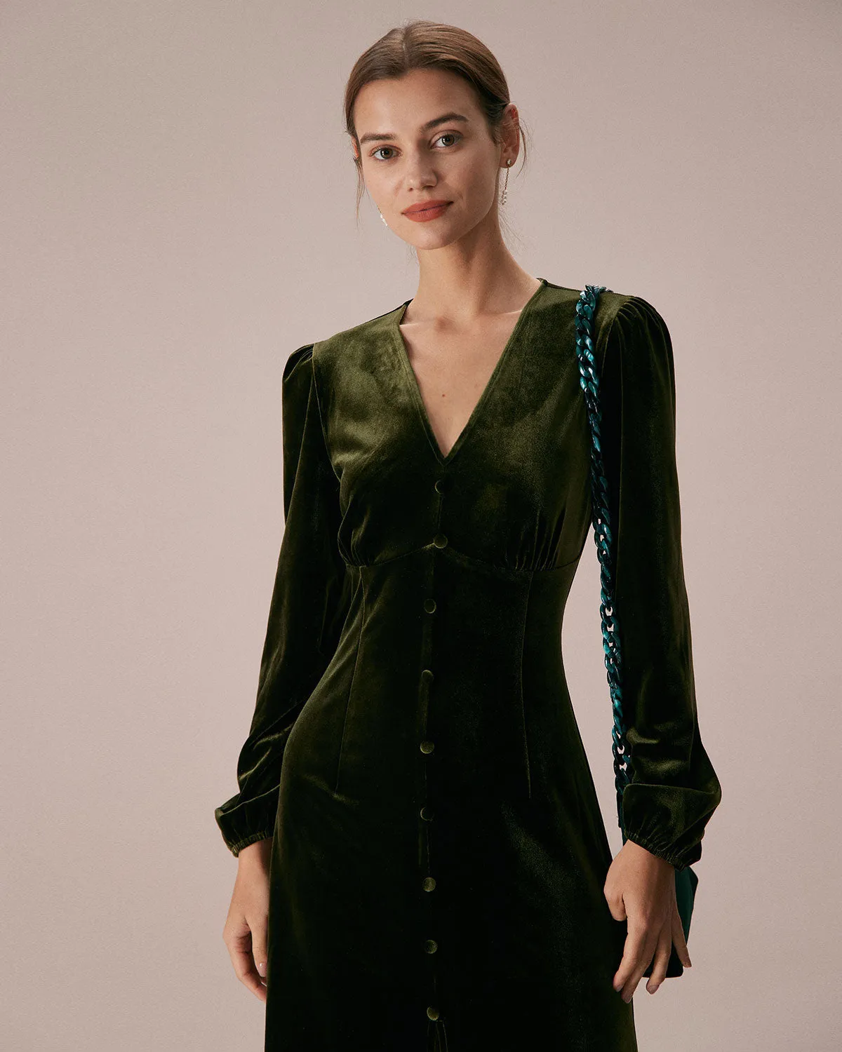 The Green V Neck Button Velvet Midi Dress sold by rihoas product image thumbnail 2