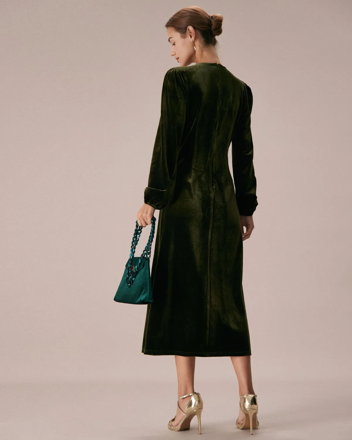 The Green V Neck Button Velvet Midi Dress sold by rihoas product image thumbnail 5