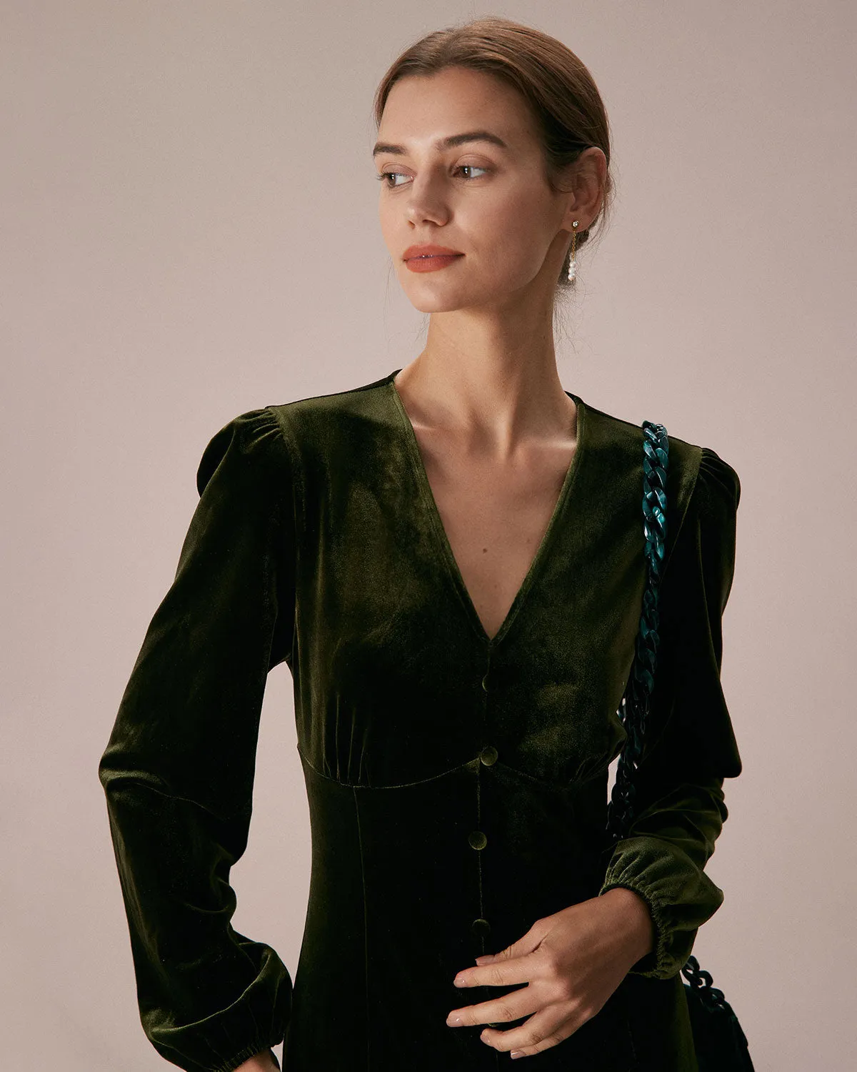 The Green V Neck Button Velvet Midi Dress sold by rihoas product image thumbnail 3