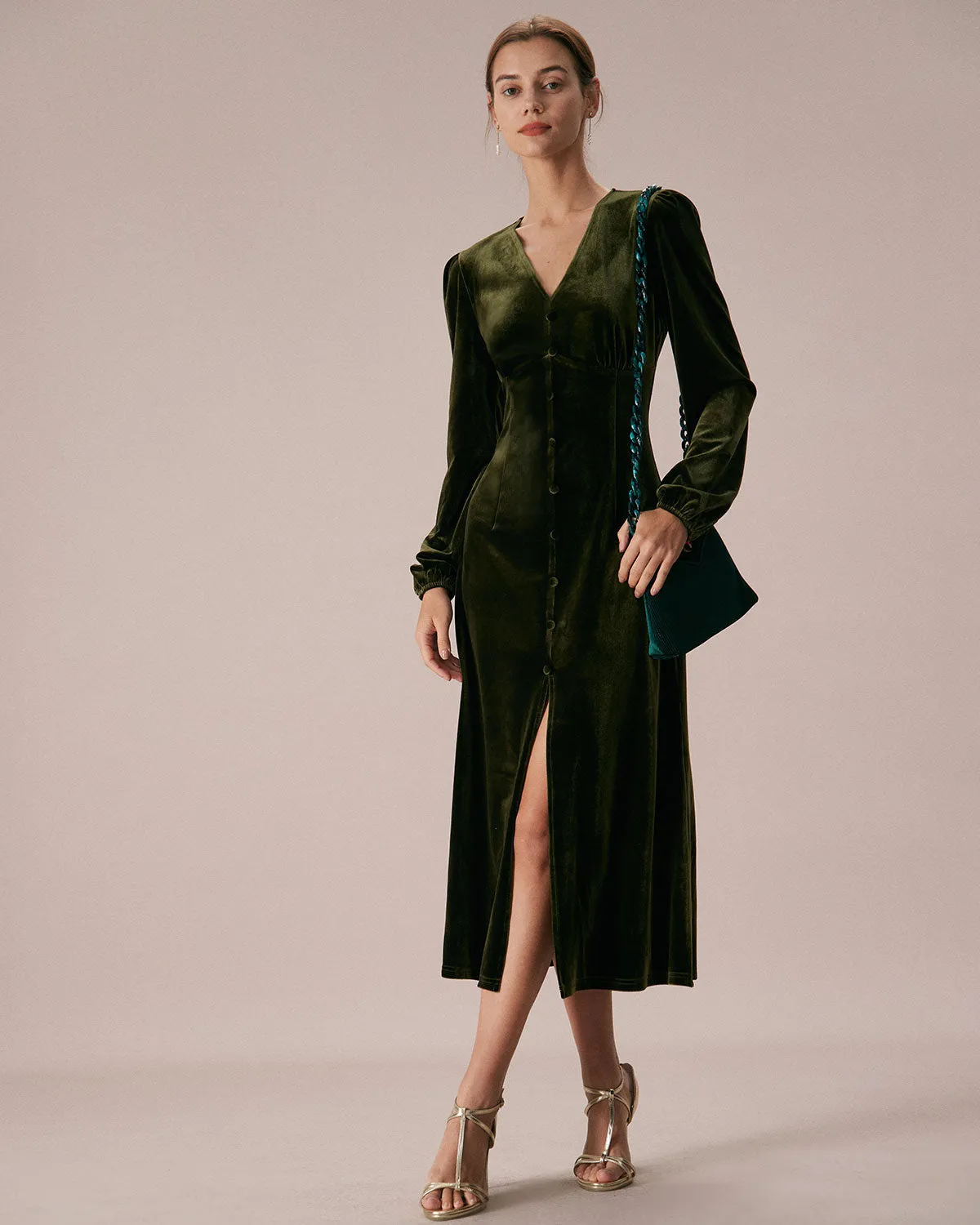 The Green V Neck Button Velvet Midi Dress sold by rihoas