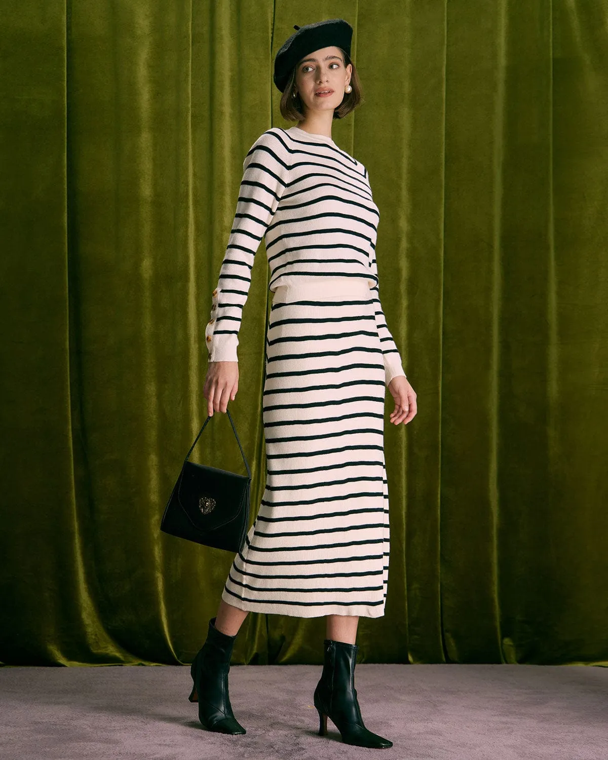 The Beige Mock Neck Striped Button Sweater sold by rihoas product image thumbnail 5