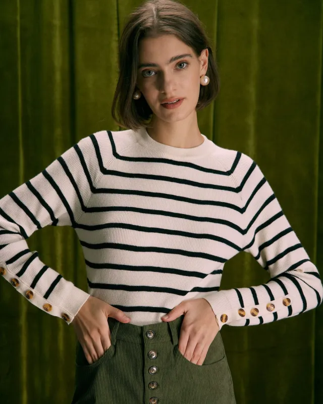 The Beige Mock Neck Striped Button Sweater sold by rihoas