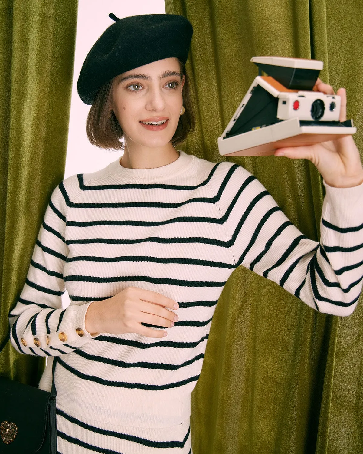 The Beige Mock Neck Striped Button Sweater sold by rihoas product image thumbnail 4