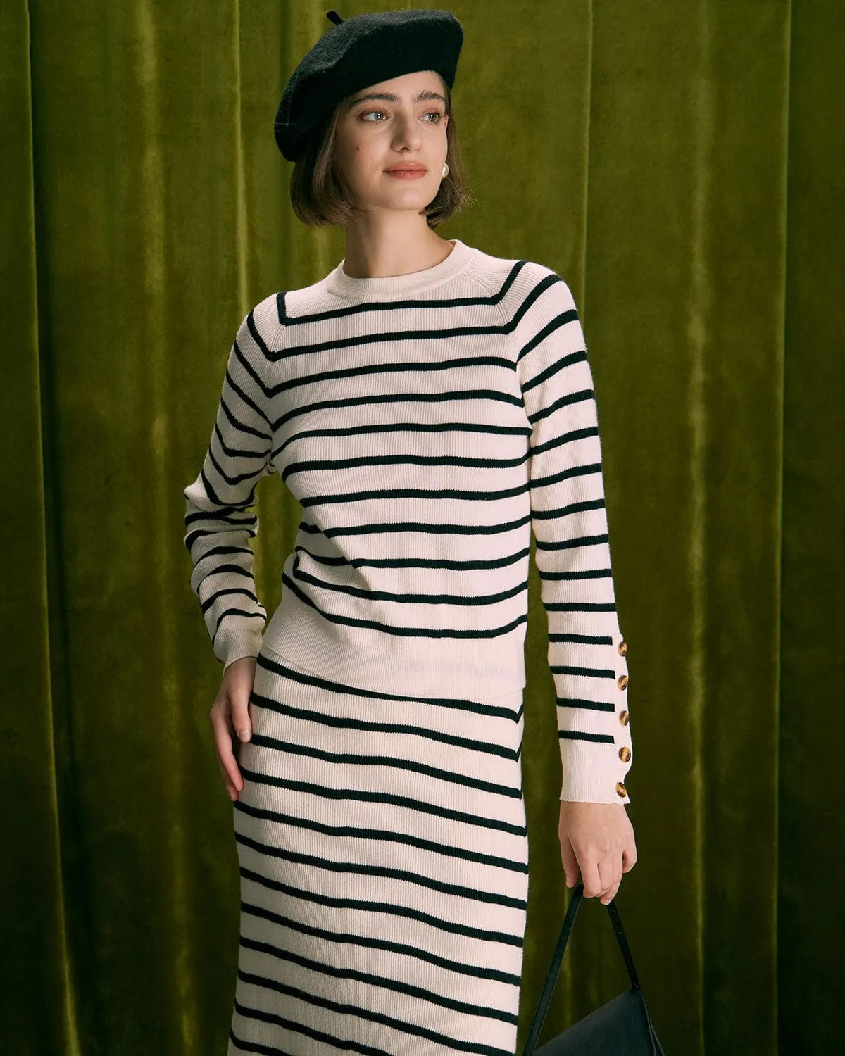 The Beige Mock Neck Striped Button Sweater sold by rihoas product image thumbnail 2