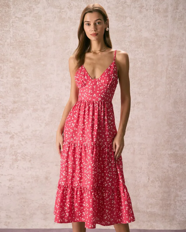 The Rose Red V Neck Floral Tiered Midi Dress sold by rihoas
