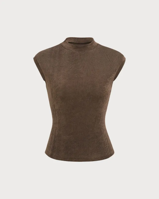 Women's Brown Mock Neck Sleeveless Knit Top sold by rihoas