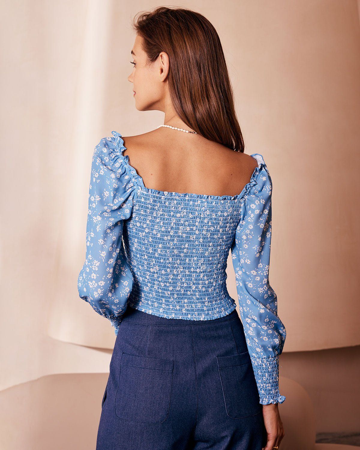 The Blue Square Neck Floral Shirred Blouse sold by rihoas product image thumbnail 5