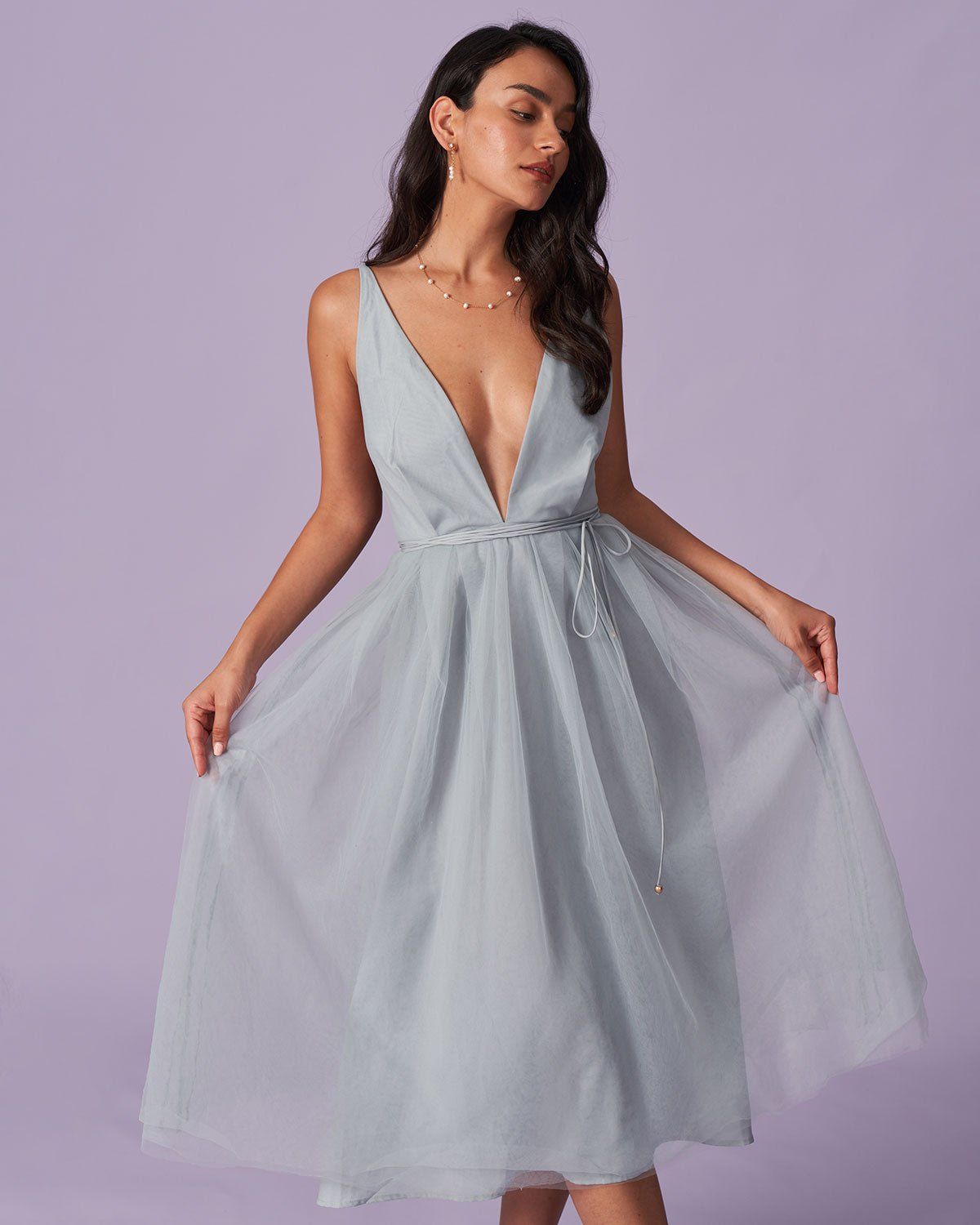 The Light Blue Deep V Neck Mesh Midi Dress sold by rihoas product image thumbnail 3