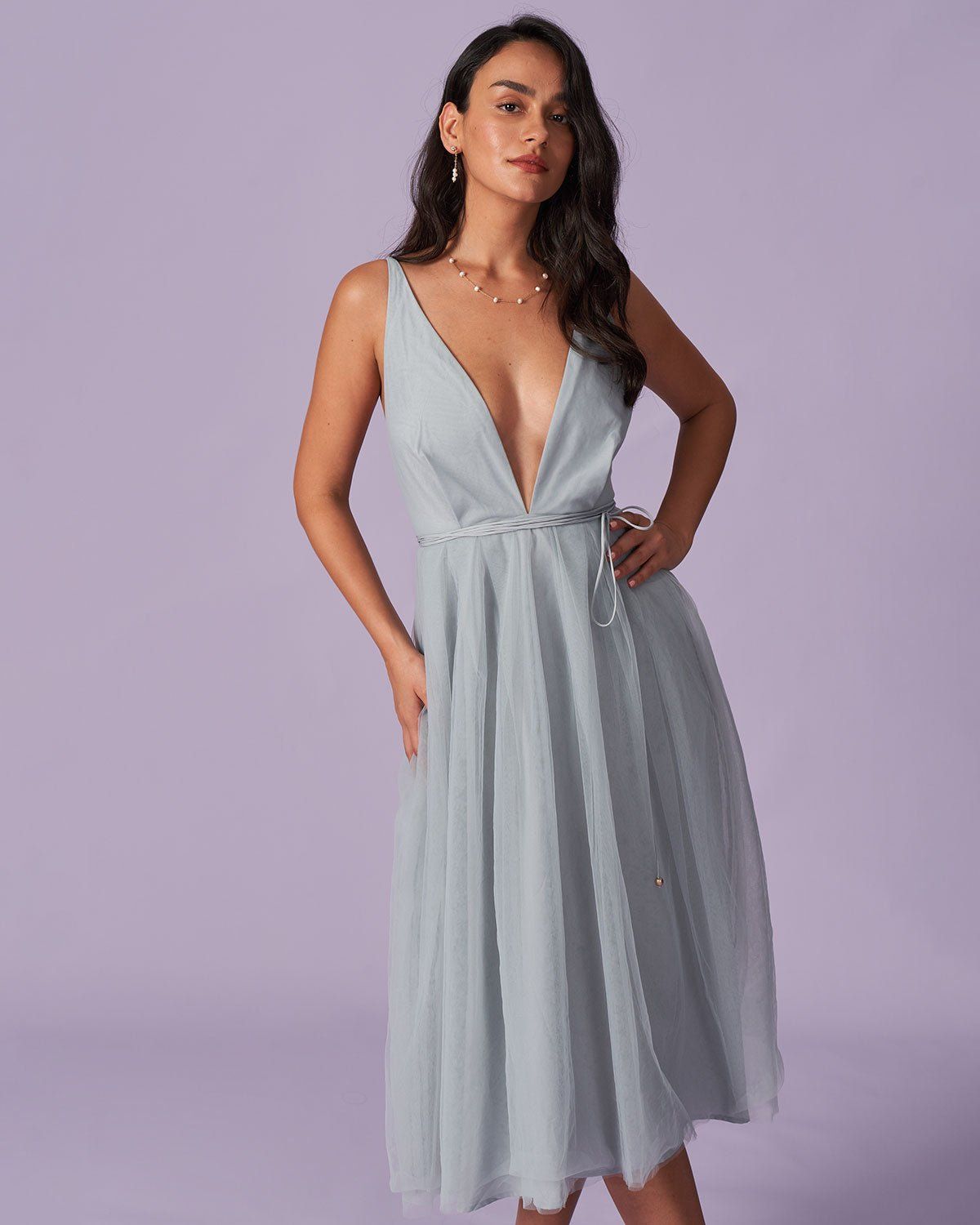 The Light Blue Deep V Neck Mesh Midi Dress sold by rihoas product image thumbnail 4