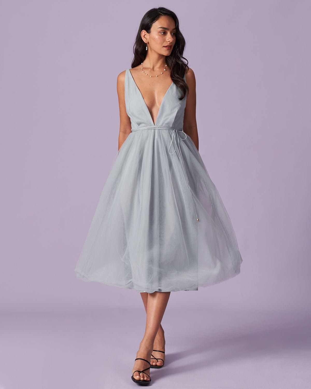 The Light Blue Deep V Neck Mesh Midi Dress sold by rihoas