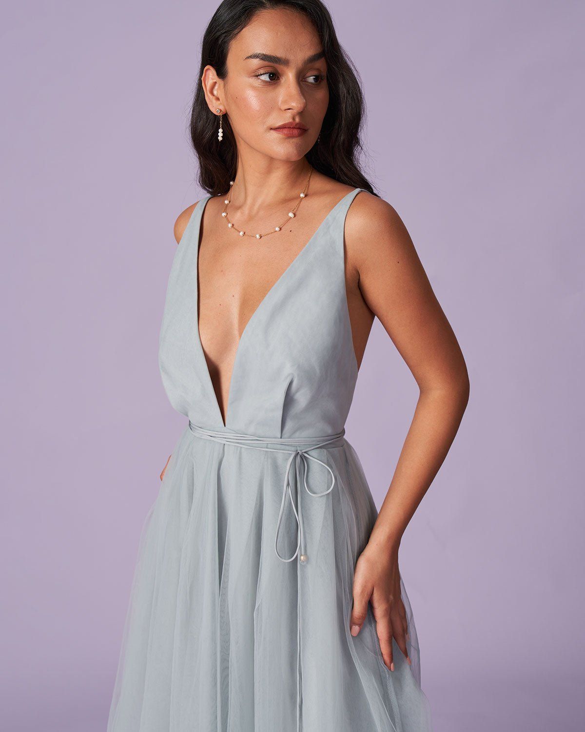 The Light Blue Deep V Neck Mesh Midi Dress sold by rihoas product image thumbnail 5