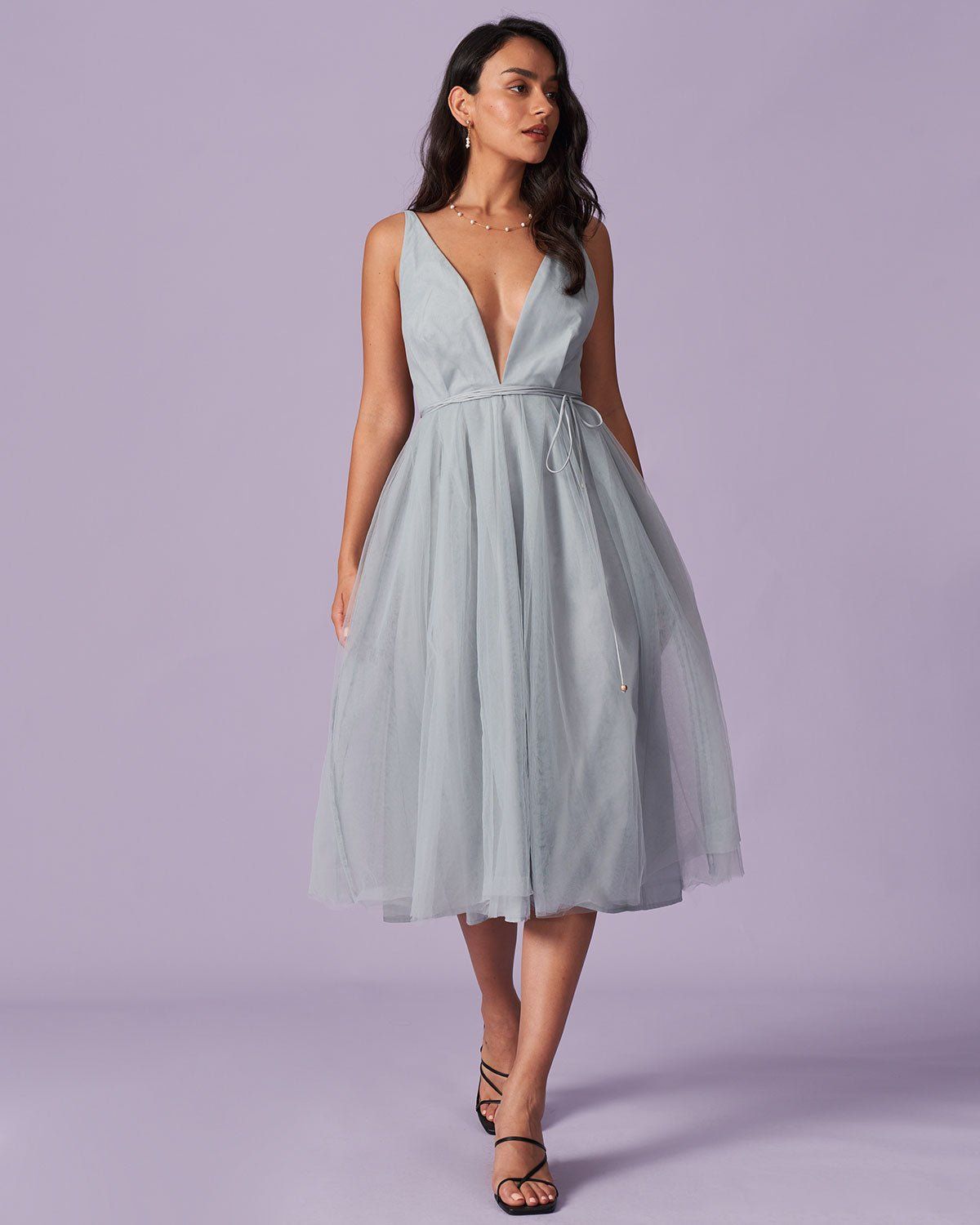 The Light Blue Deep V Neck Mesh Midi Dress sold by rihoas product image thumbnail 2
