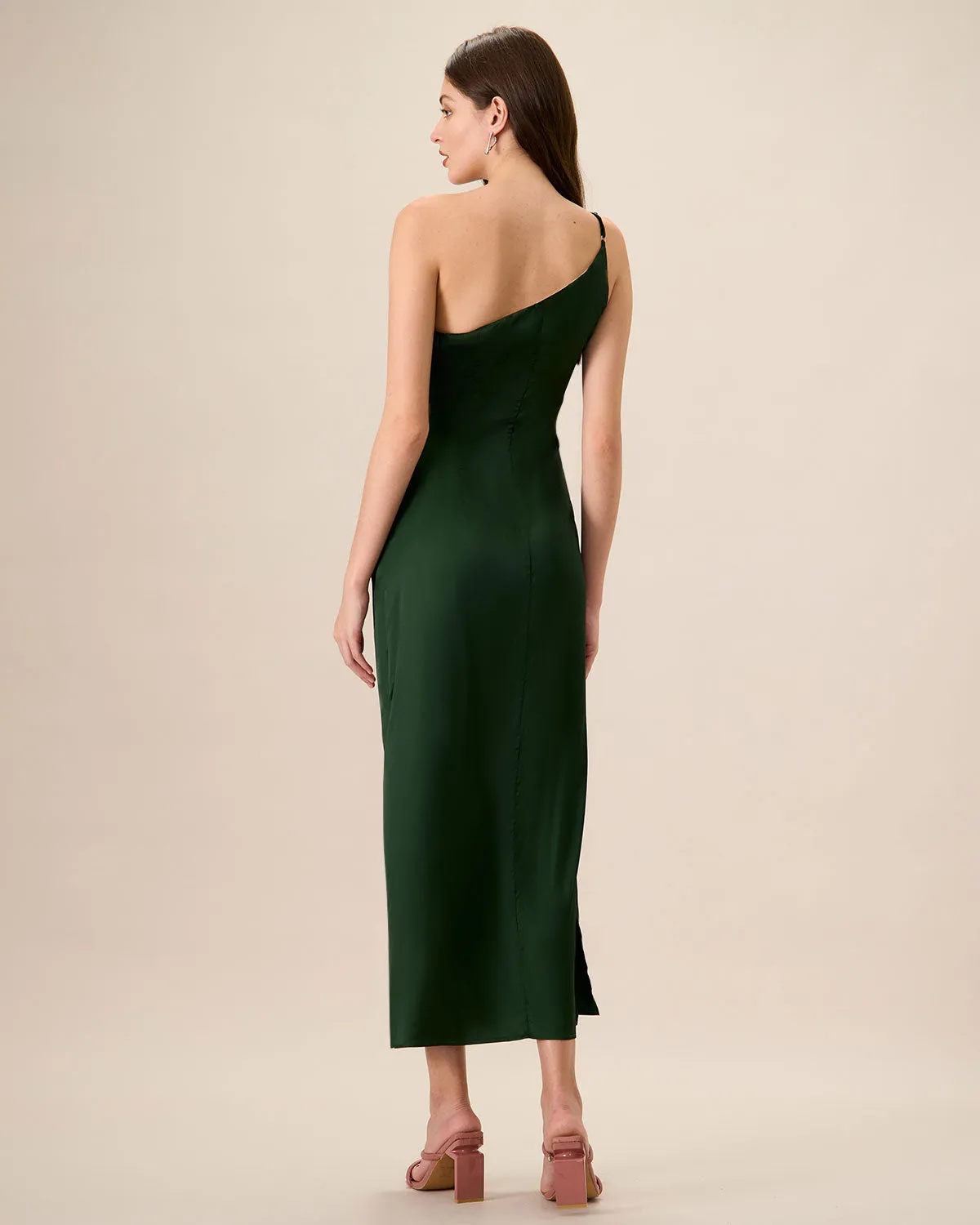 Women's Green One-shoulder Satin Maxi Dress sold by rihoas product image thumbnail 5