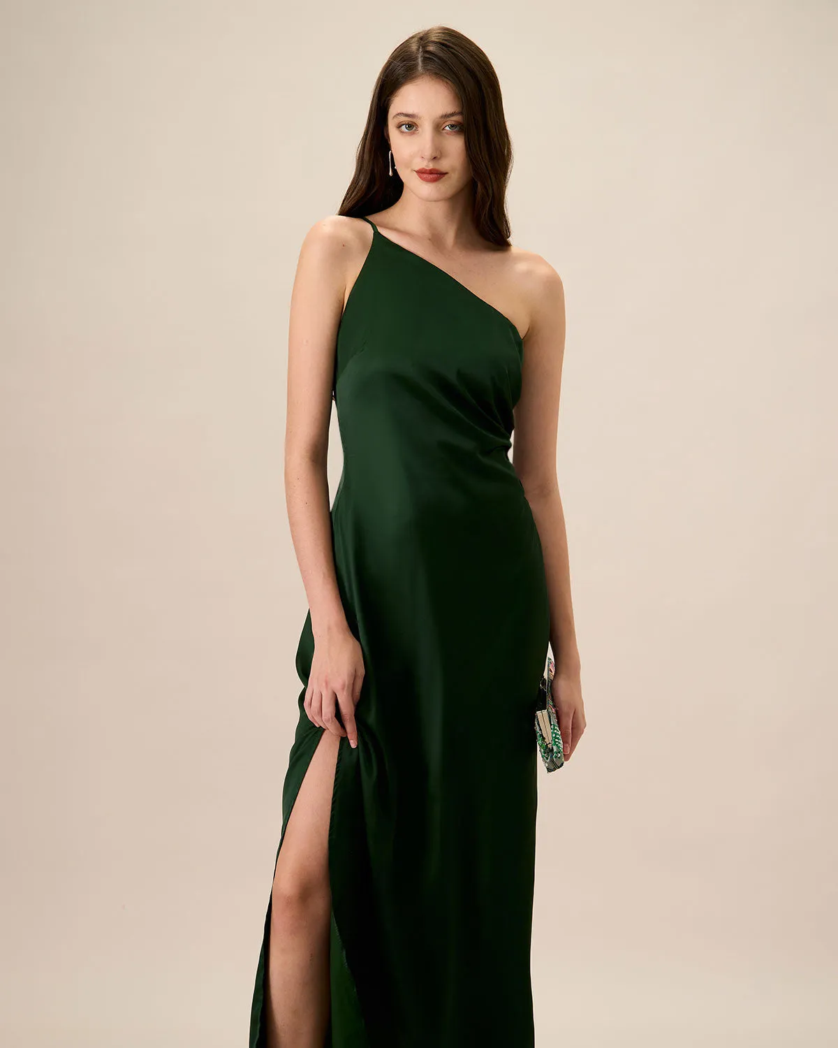 Women's Green One-shoulder Satin Maxi Dress sold by rihoas product image thumbnail 2