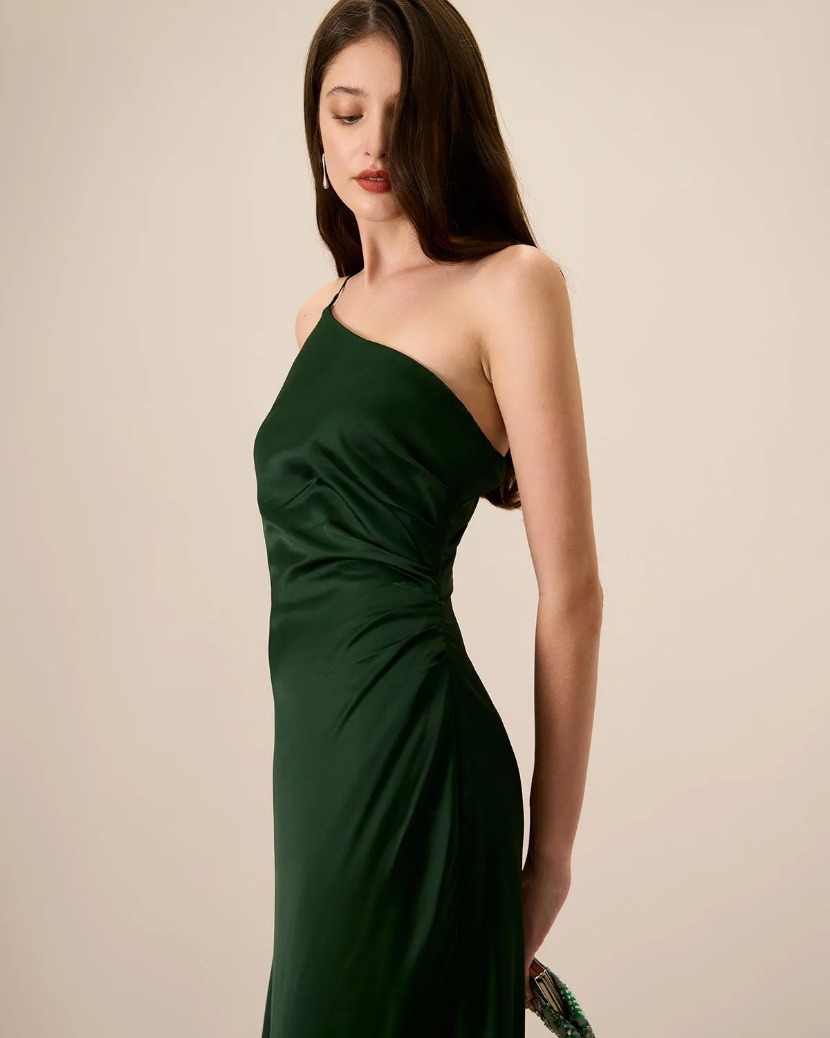 Women's Green One-shoulder Satin Maxi Dress sold by rihoas product image thumbnail 4