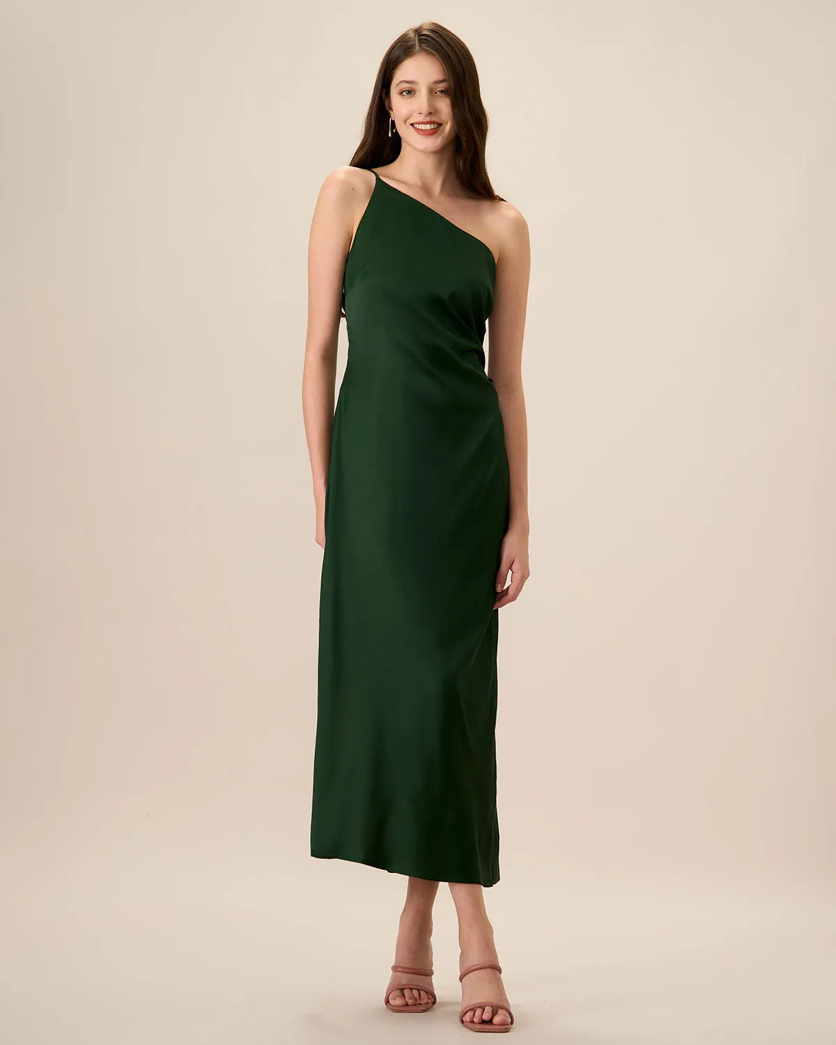 Women's Green One-shoulder Satin Maxi Dress sold by rihoas
