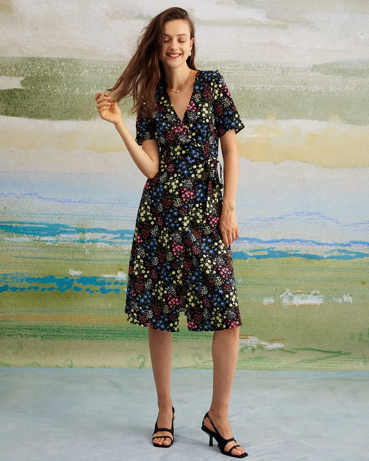 The Black V Neck Floral Tie Back Midi Dress sold by rihoas product image thumbnail 3