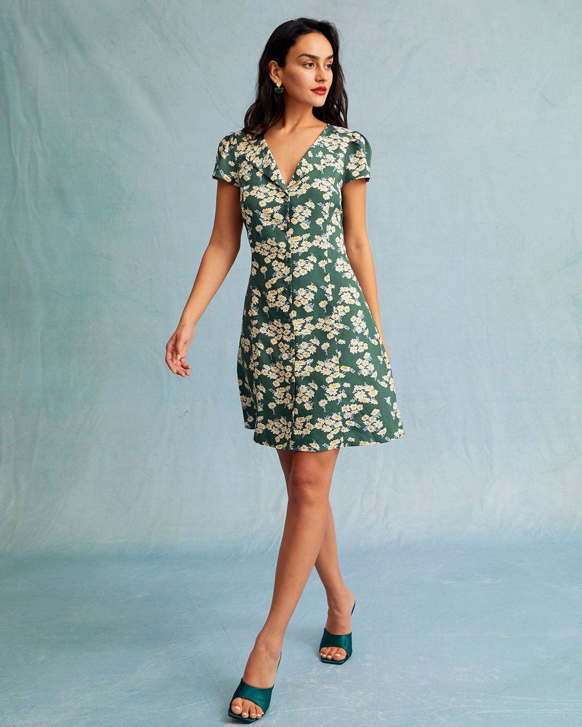 The Green V Neck Floral Short Sleeve Mini Dress sold by rihoas product image thumbnail 5