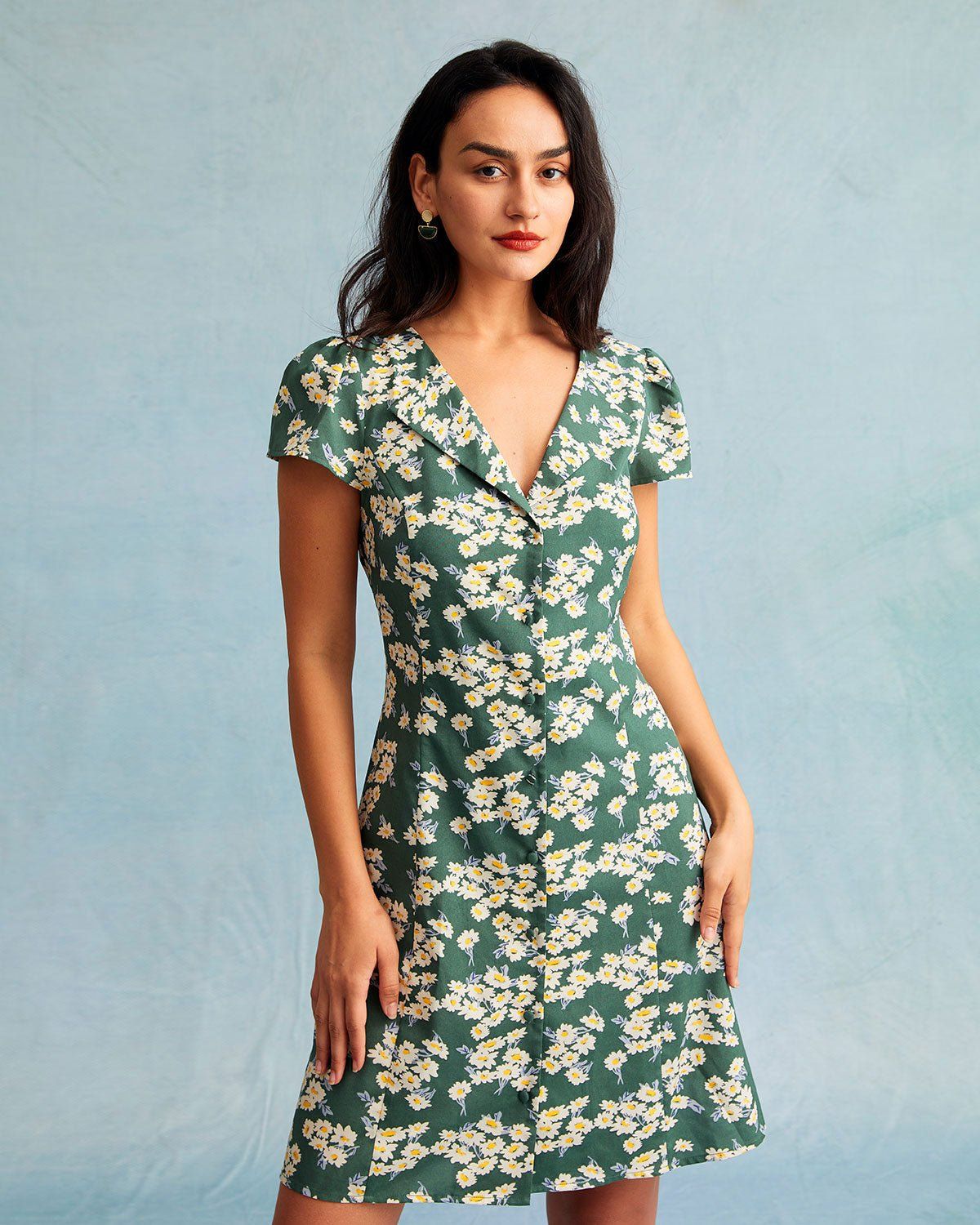 The Green V Neck Floral Short Sleeve Mini Dress sold by rihoas product image thumbnail 3
