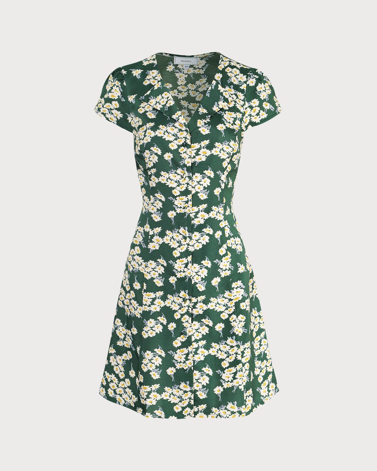 The Green V Neck Floral Short Sleeve Mini Dress sold by rihoas