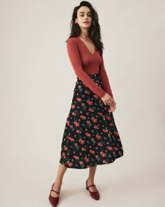 The Rose Print Midi Skirt sold by rihoas
