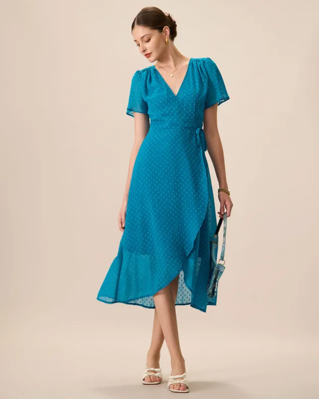 Women's Blue V-Neck Wrap Midi Dress sold by rihoas