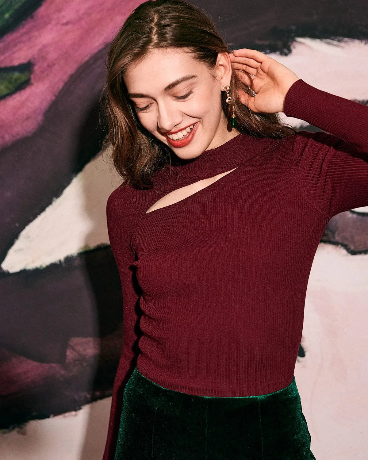 The Wine Red Slim-Fitting Cutout Knit Top sold by rihoas product image thumbnail 3