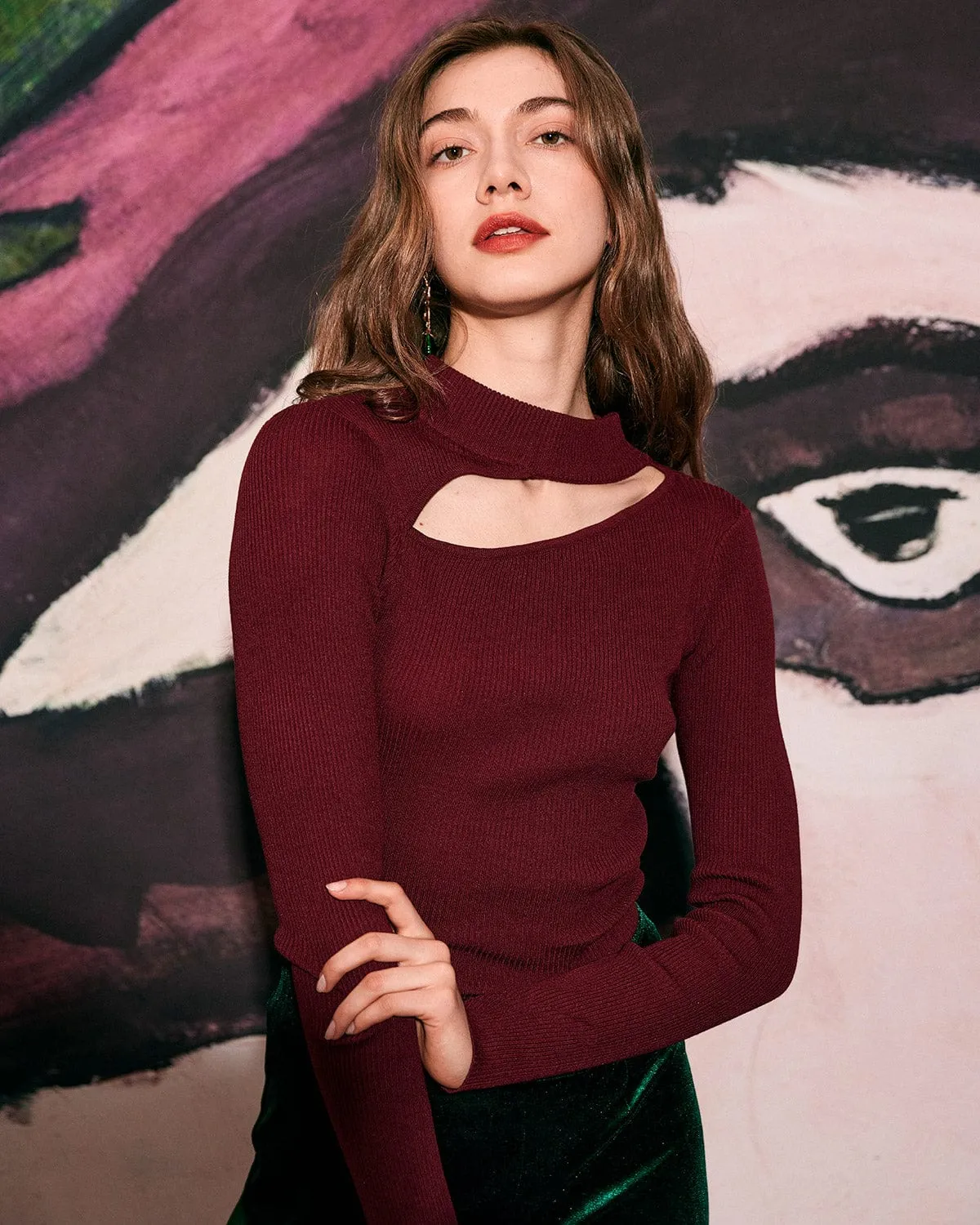 The Wine Red Slim-Fitting Cutout Knit Top sold by rihoas