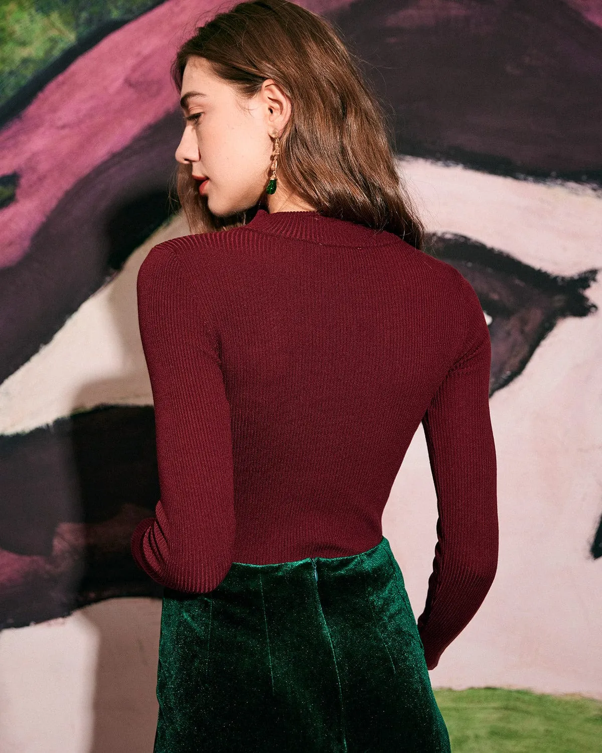 The Wine Red Slim-Fitting Cutout Knit Top sold by rihoas product image thumbnail 5