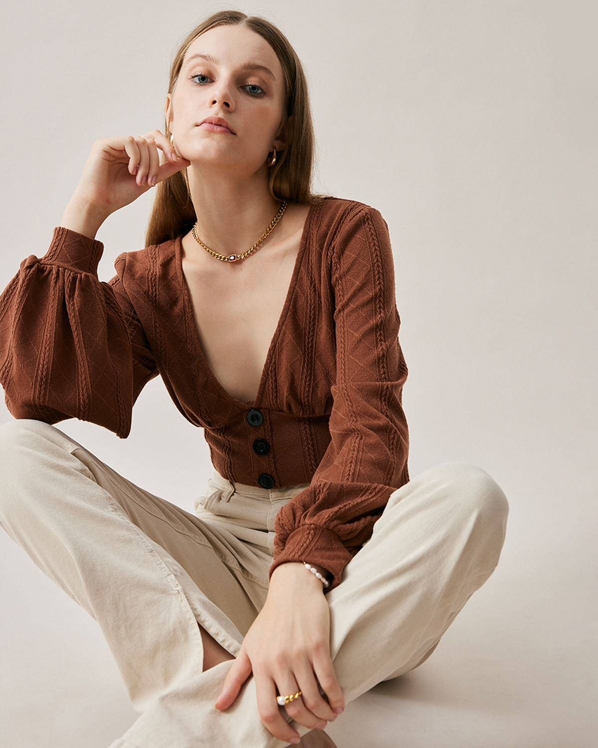 The Deep V-neck Knitted Crop Top sold by rihoas product image thumbnail 4