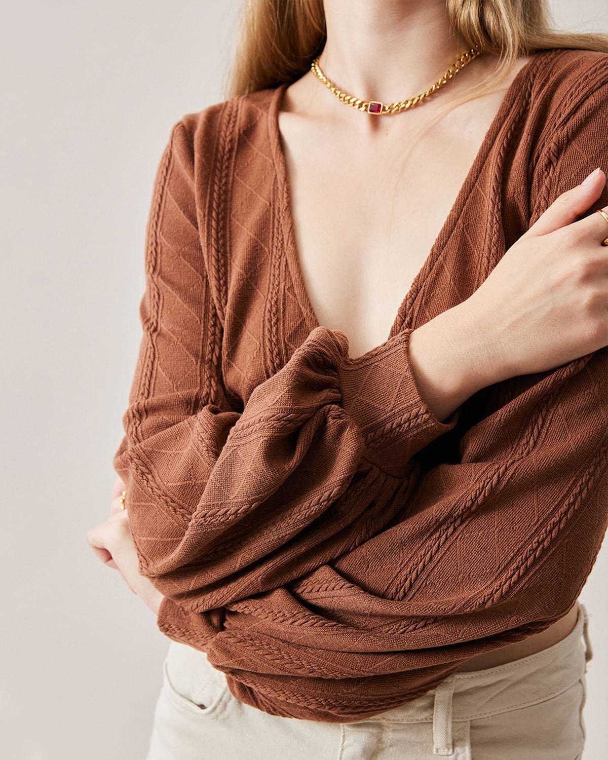 The Deep V-neck Knitted Crop Top sold by rihoas product image thumbnail 3