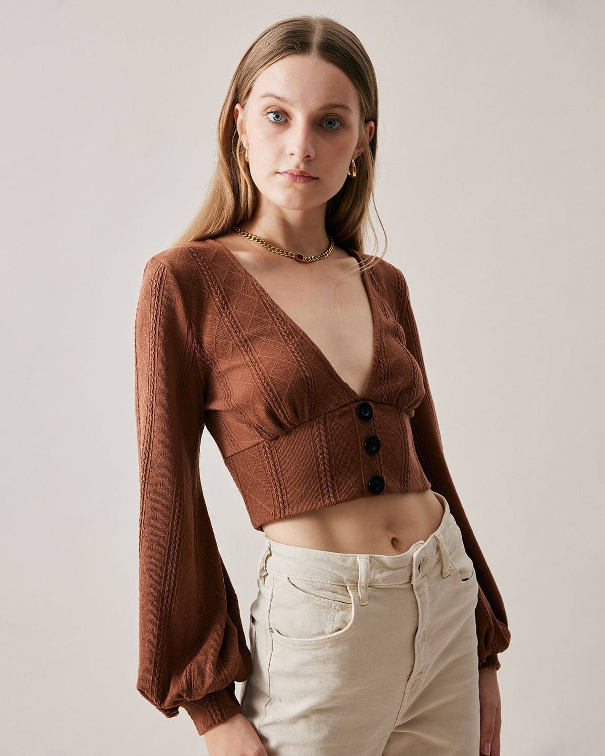 The Deep V-neck Knitted Crop Top sold by rihoas product image thumbnail 2