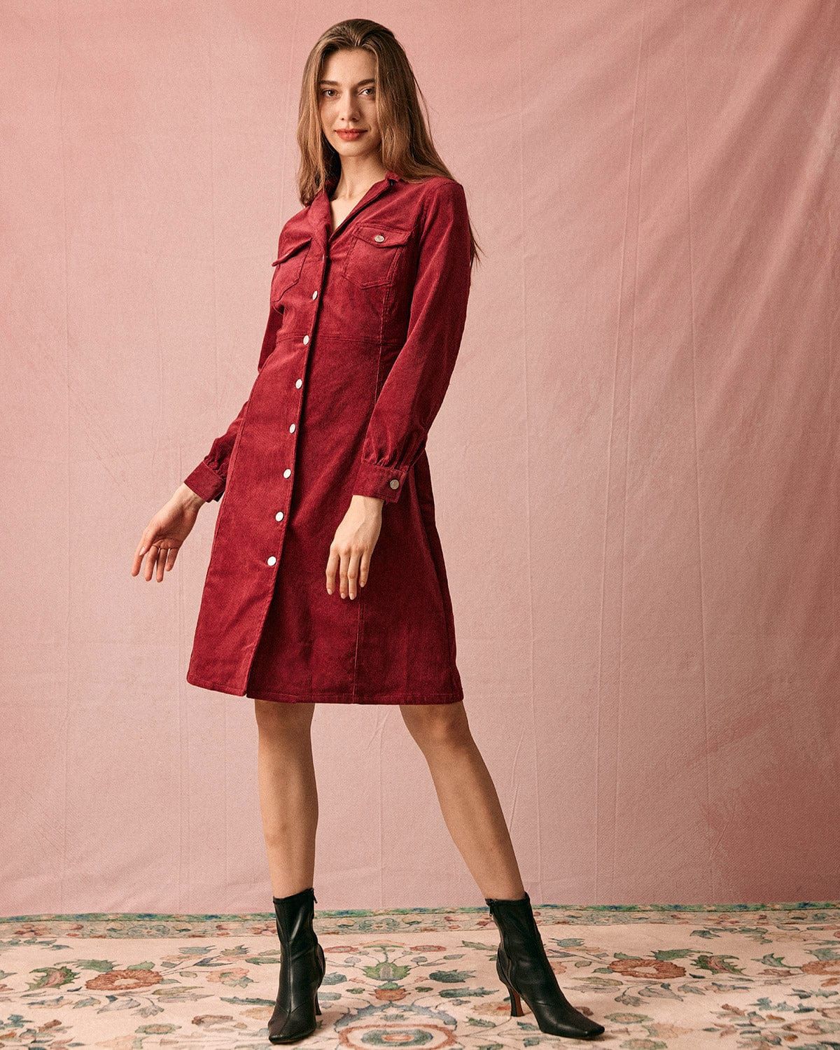 The Collared Long Sleeve Corduroy Midi Dress sold by rihoas product image thumbnail 4