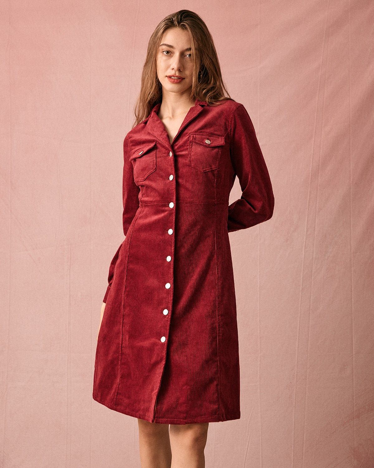 The Collared Long Sleeve Corduroy Midi Dress sold by rihoas