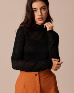 The Black High Neck Sheer Pointelle Knit Top sold by rihoas