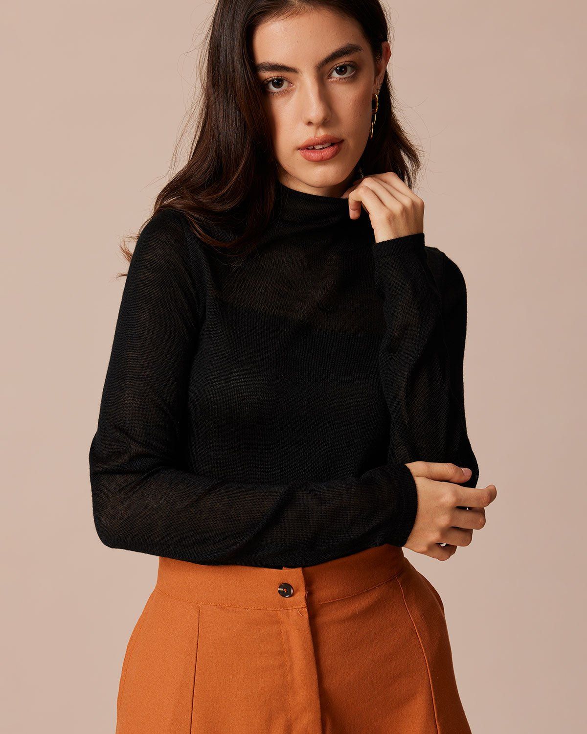 The Black High Neck Sheer Pointelle Knit Top sold by rihoas product image thumbnail 2