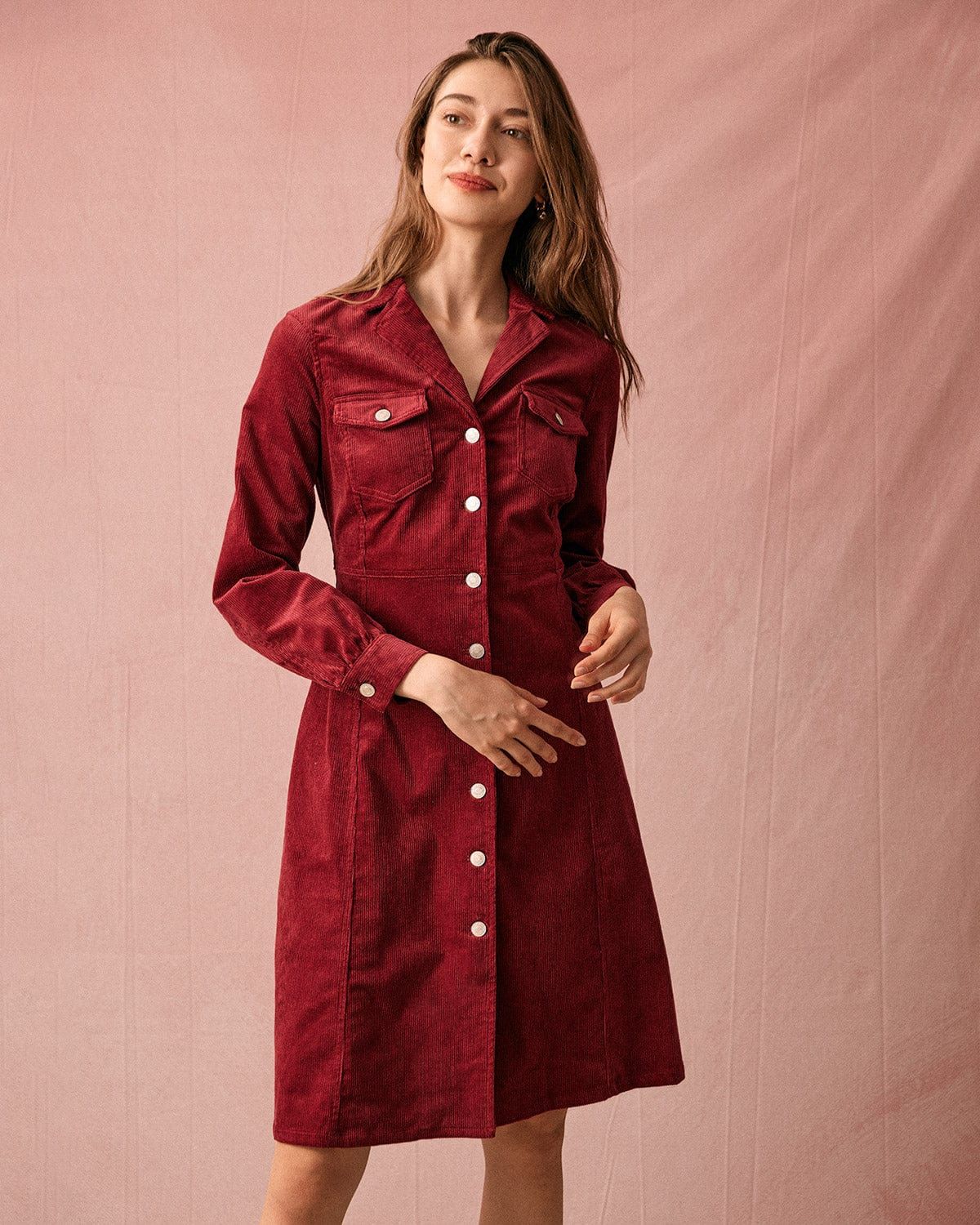 The Collared Long Sleeve Corduroy Midi Dress sold by rihoas product image thumbnail 3