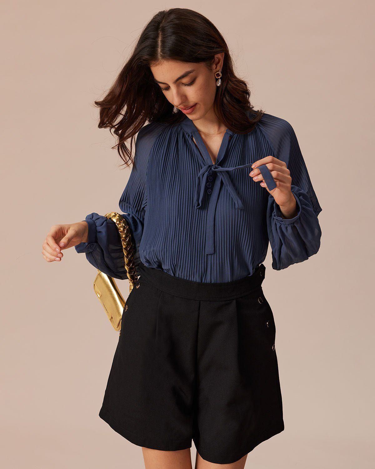 The Blue V Neck Pleated Lantern Sleeve Shirt sold by rihoas product image thumbnail 3