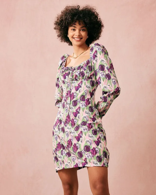 The Purple Square Neck Floral Long Sleeve Mini Dress sold by rihoas