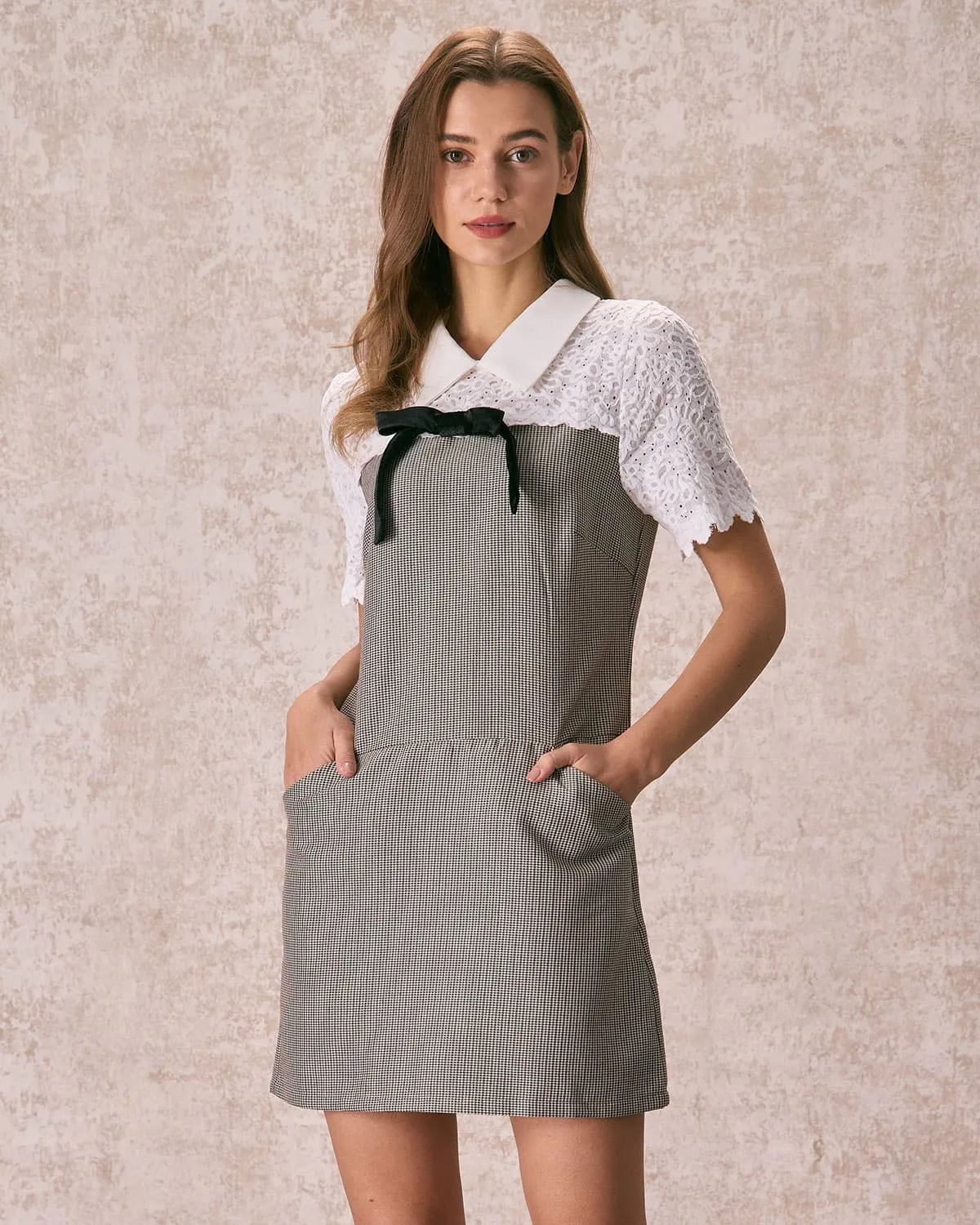 The Grey Shirt Collar Spliced Plaid Mini Dress sold by rihoas product image thumbnail 4