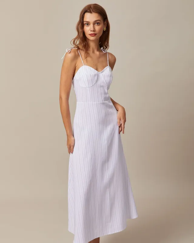 The White Striped Tie Shoulder Maxi Dress sold by rihoas