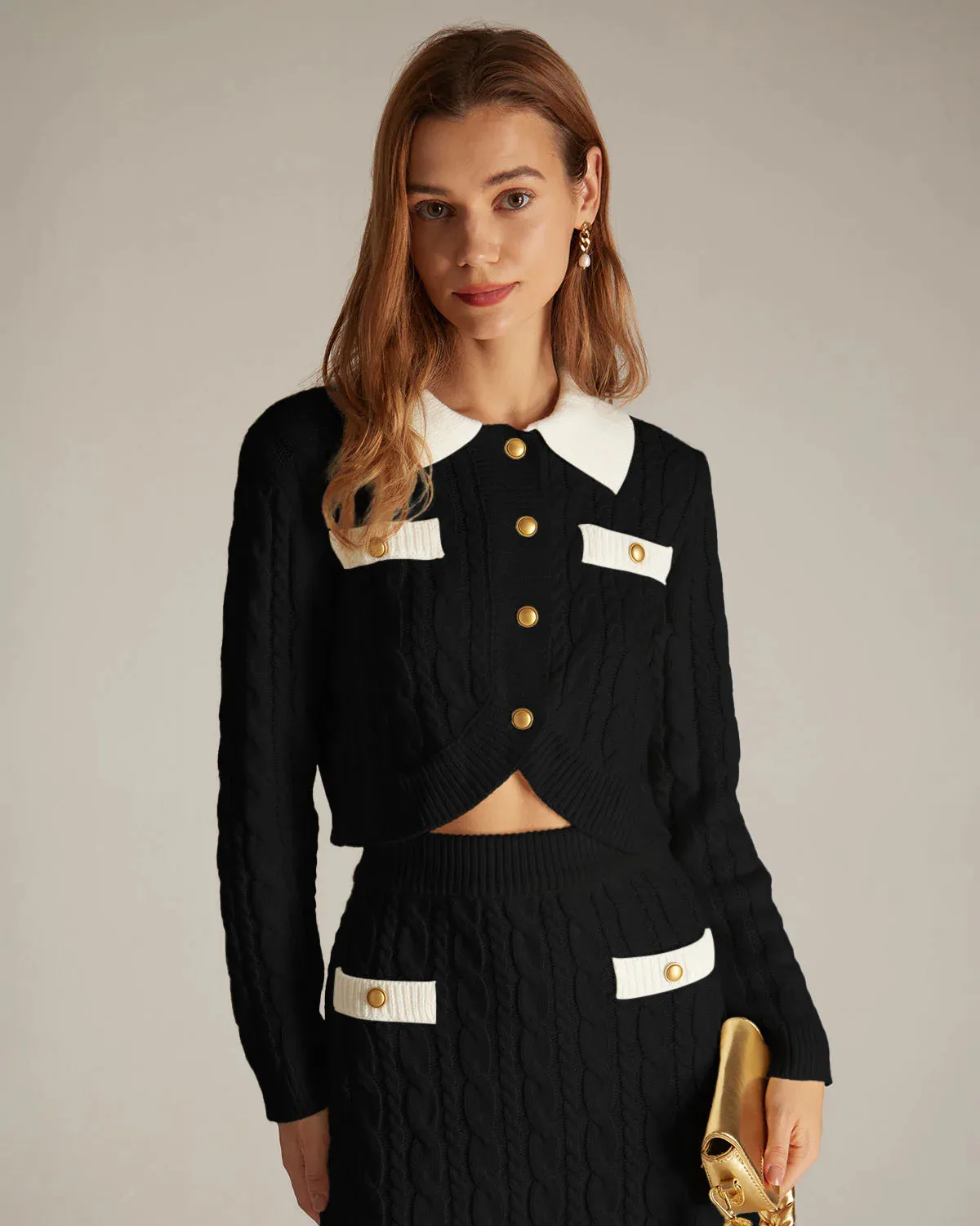 The Black Lapel Ribbed Button Cable Cardigan sold by rihoas