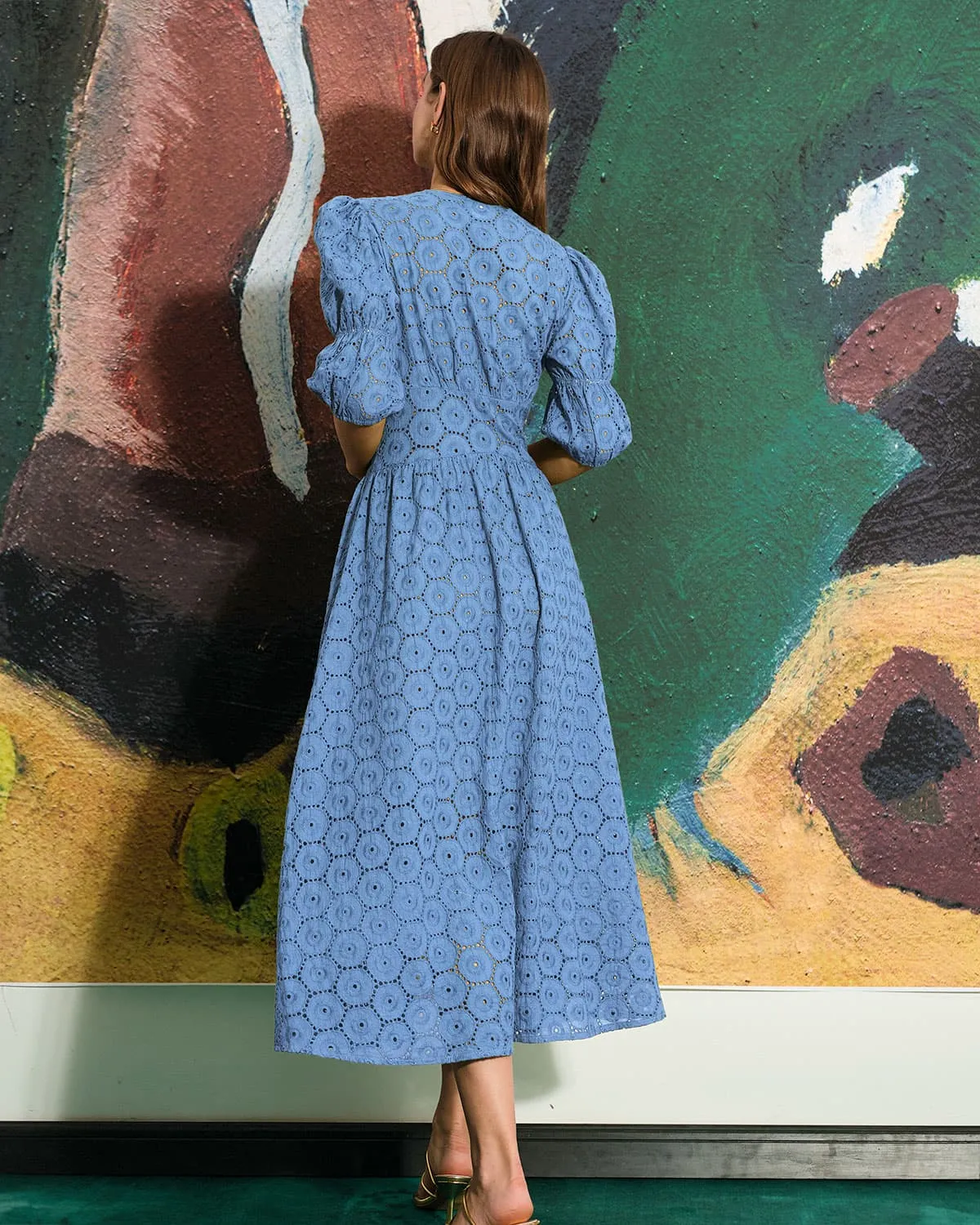 The Blue Puff Sleeve Cutout Slit Maxi Dress sold by rihoas product image thumbnail 5