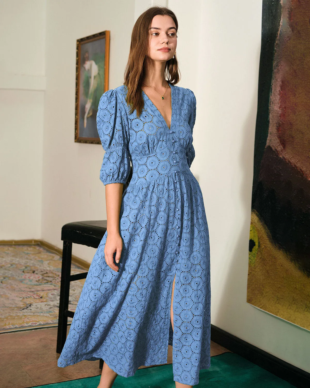 The Blue Puff Sleeve Cutout Slit Maxi Dress sold by rihoas product image thumbnail 3