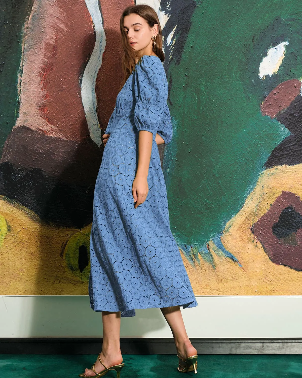 The Blue Puff Sleeve Cutout Slit Maxi Dress sold by rihoas product image thumbnail 4
