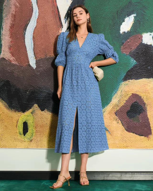 The Blue Puff Sleeve Cutout Slit Maxi Dress sold by rihoas