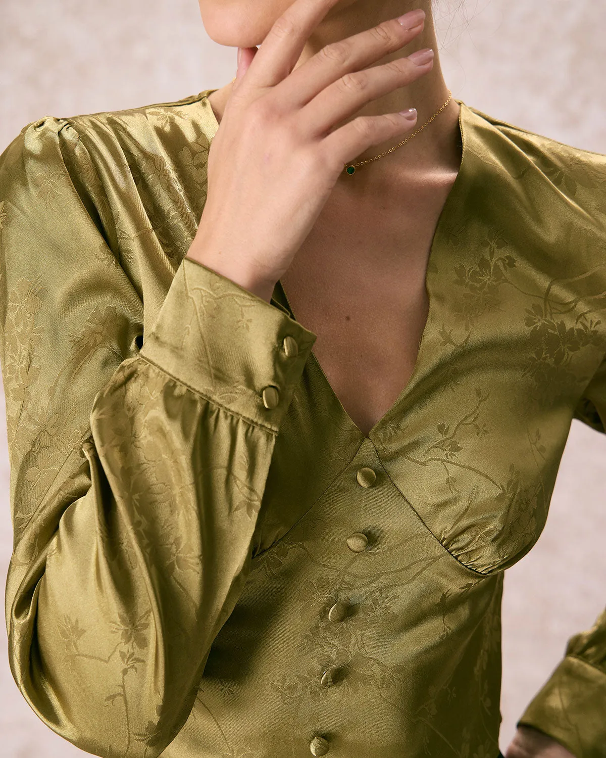 The Green V Neck Jacquard Satin Blouse sold by rihoas product image thumbnail 2