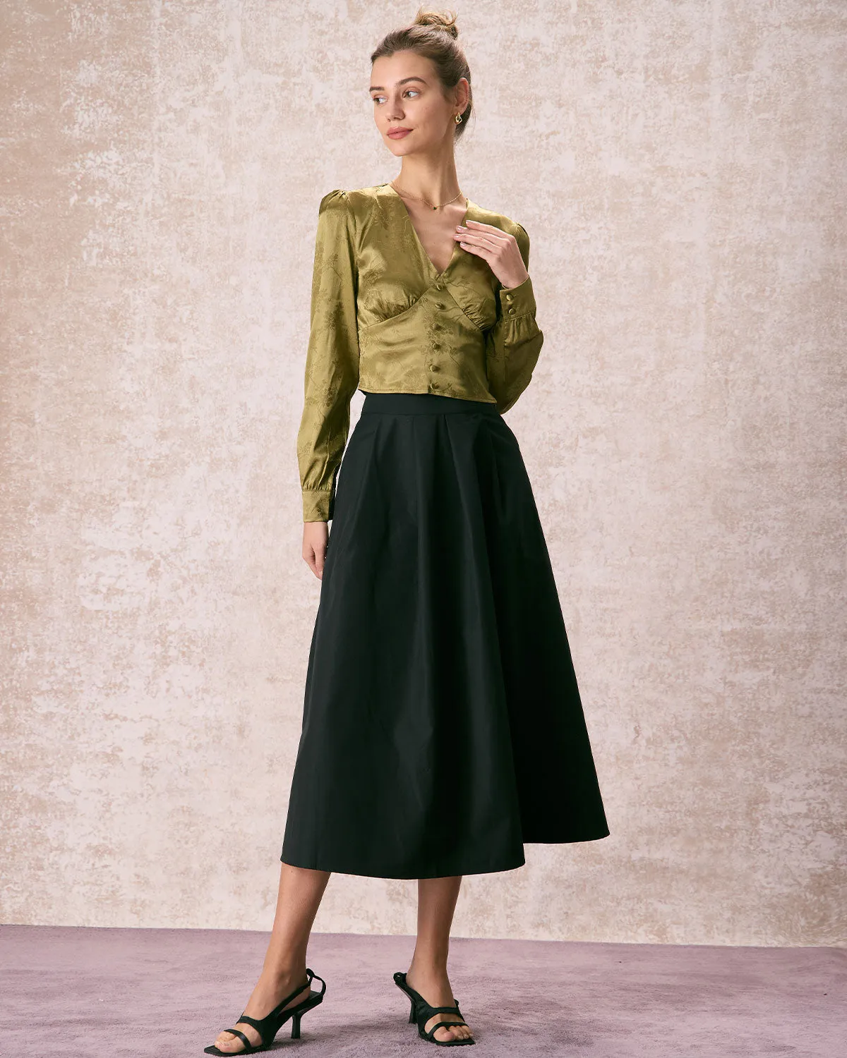 The Green V Neck Jacquard Satin Blouse sold by rihoas product image thumbnail 3