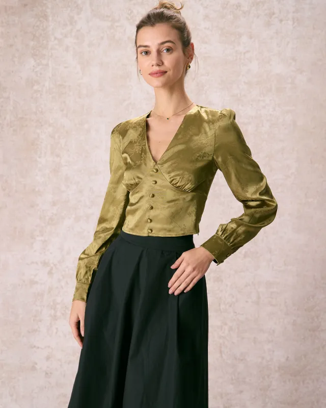 The Green V Neck Jacquard Satin Blouse sold by rihoas